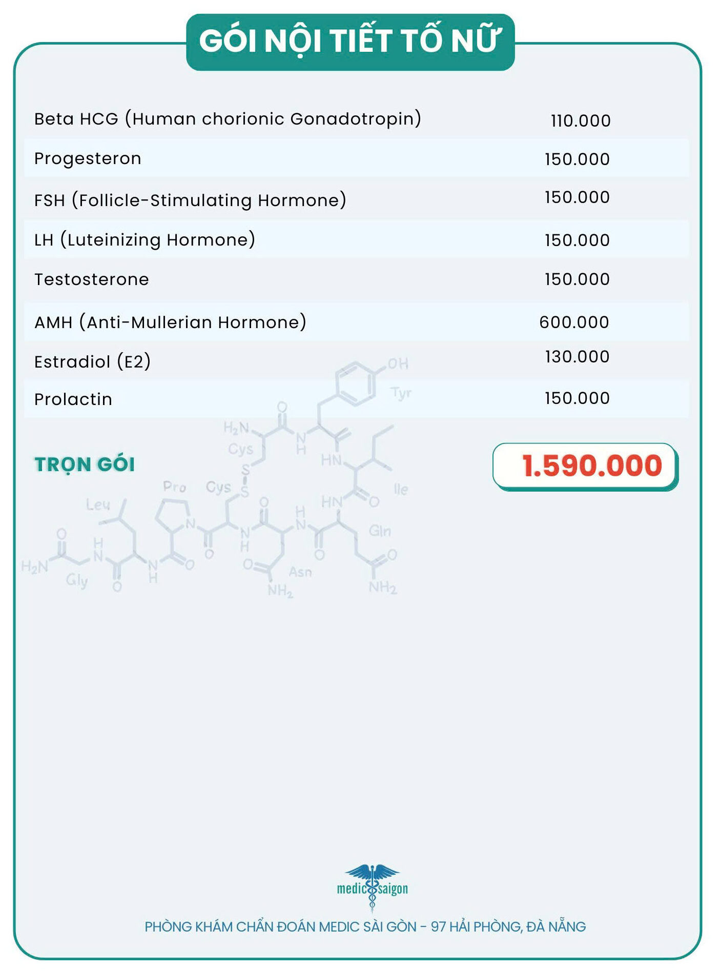 Bảng giá gói xét nghiệm nội tiết tố nữ - 2026 - Medic Sài Gòn tại Đà Nẵng