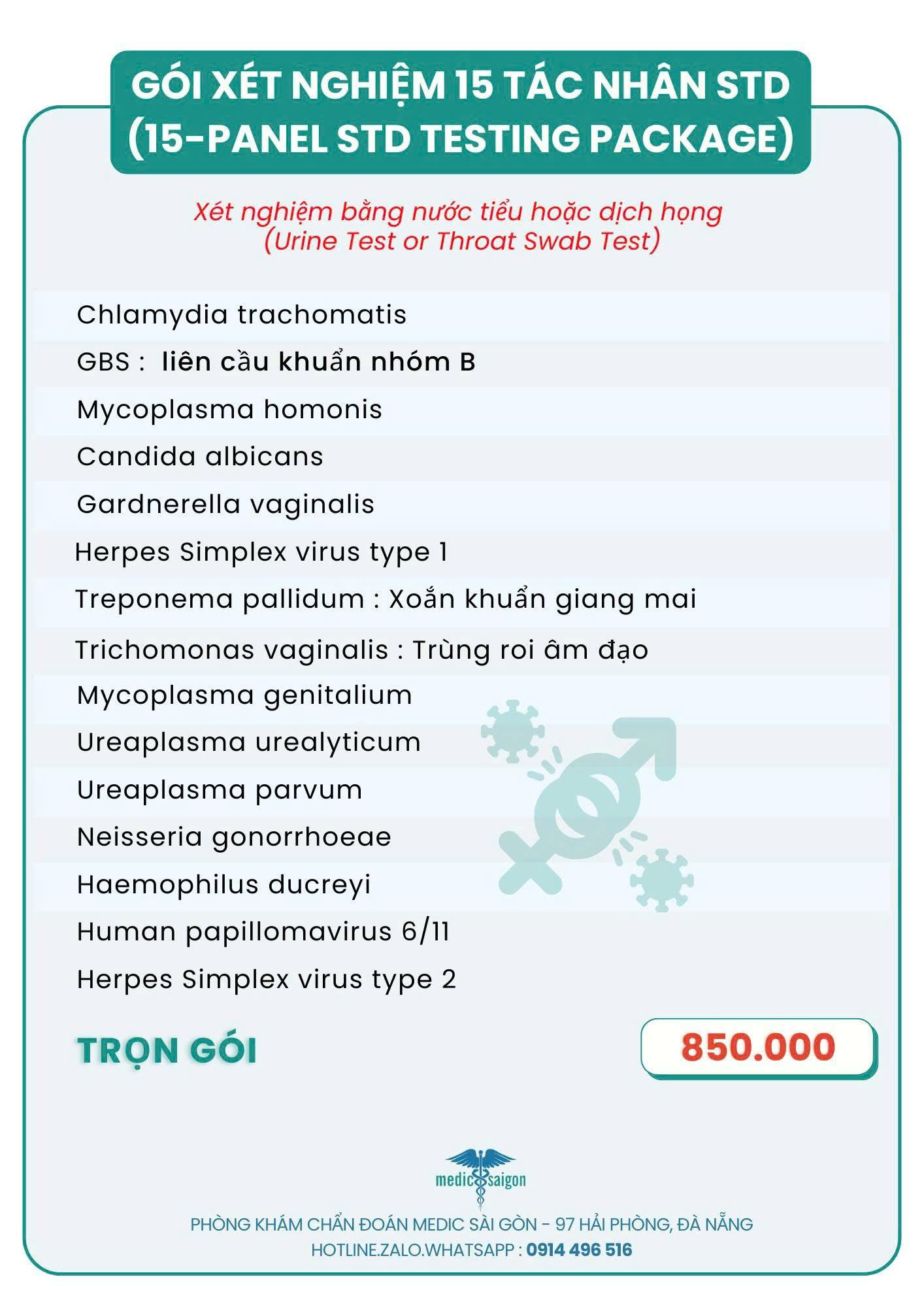 Bảng giá gói xét nghiệm 15 Tác nhân STD - 2026 - Medic Sài Gòn tại Đà Nẵng