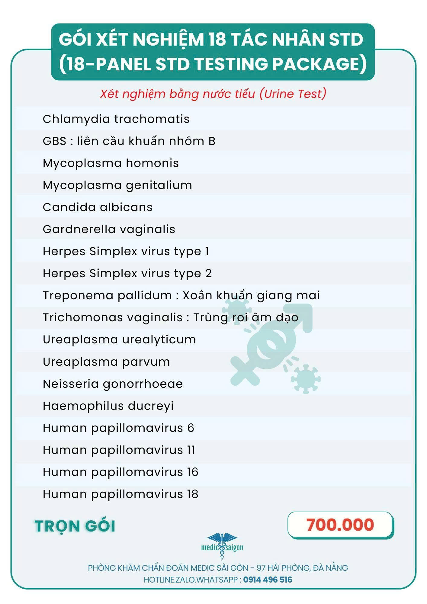 Bảng giá gói xét nghiệm 18 Tác nhân STD nước tiểu - 2026 - Medic Sài Gòn tại Đà Nẵng