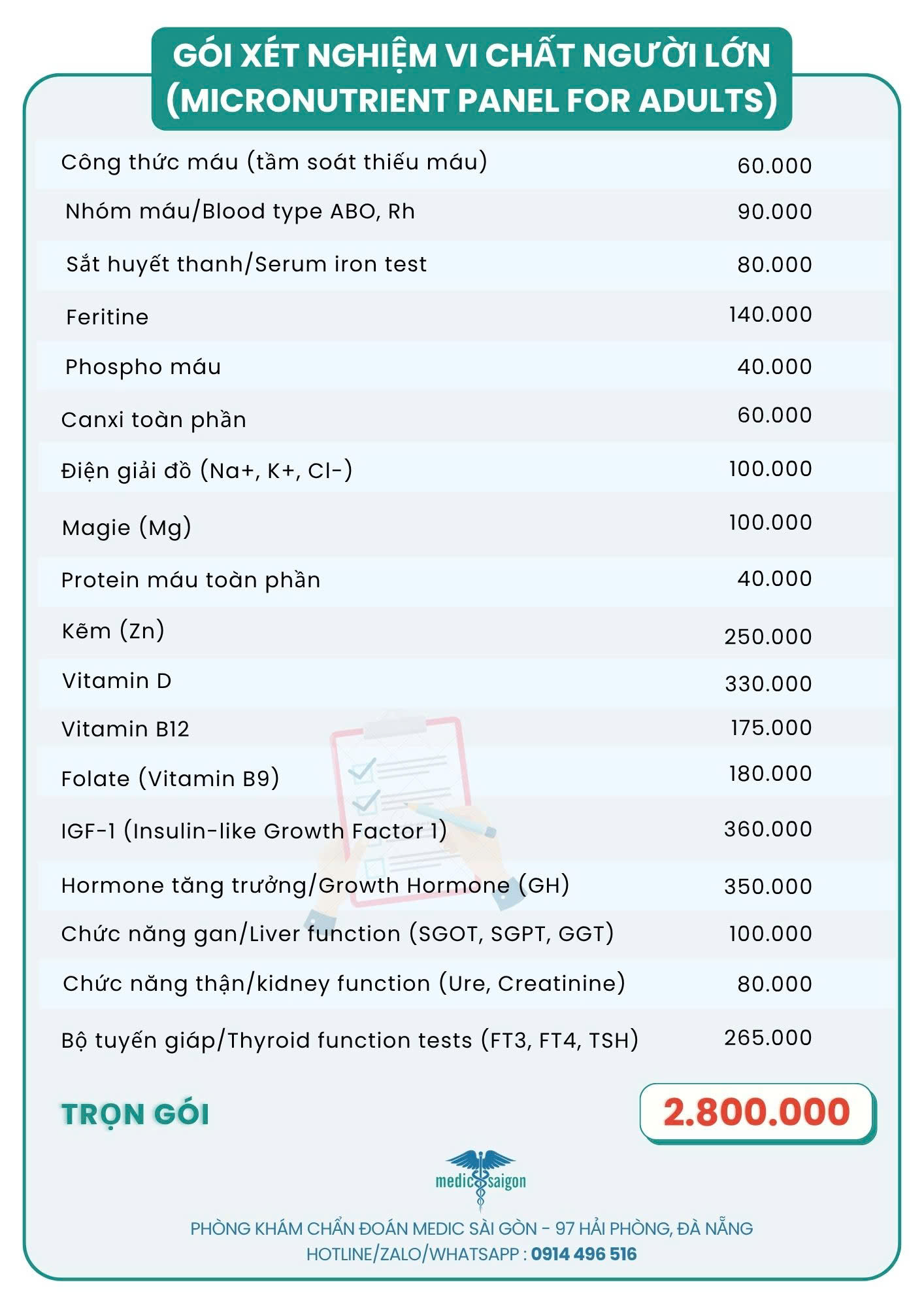 Bảng giá gói xét nghiệm vi chất cho người lớn - 2026 - Medic Sài Gòn tại Đà Nẵng