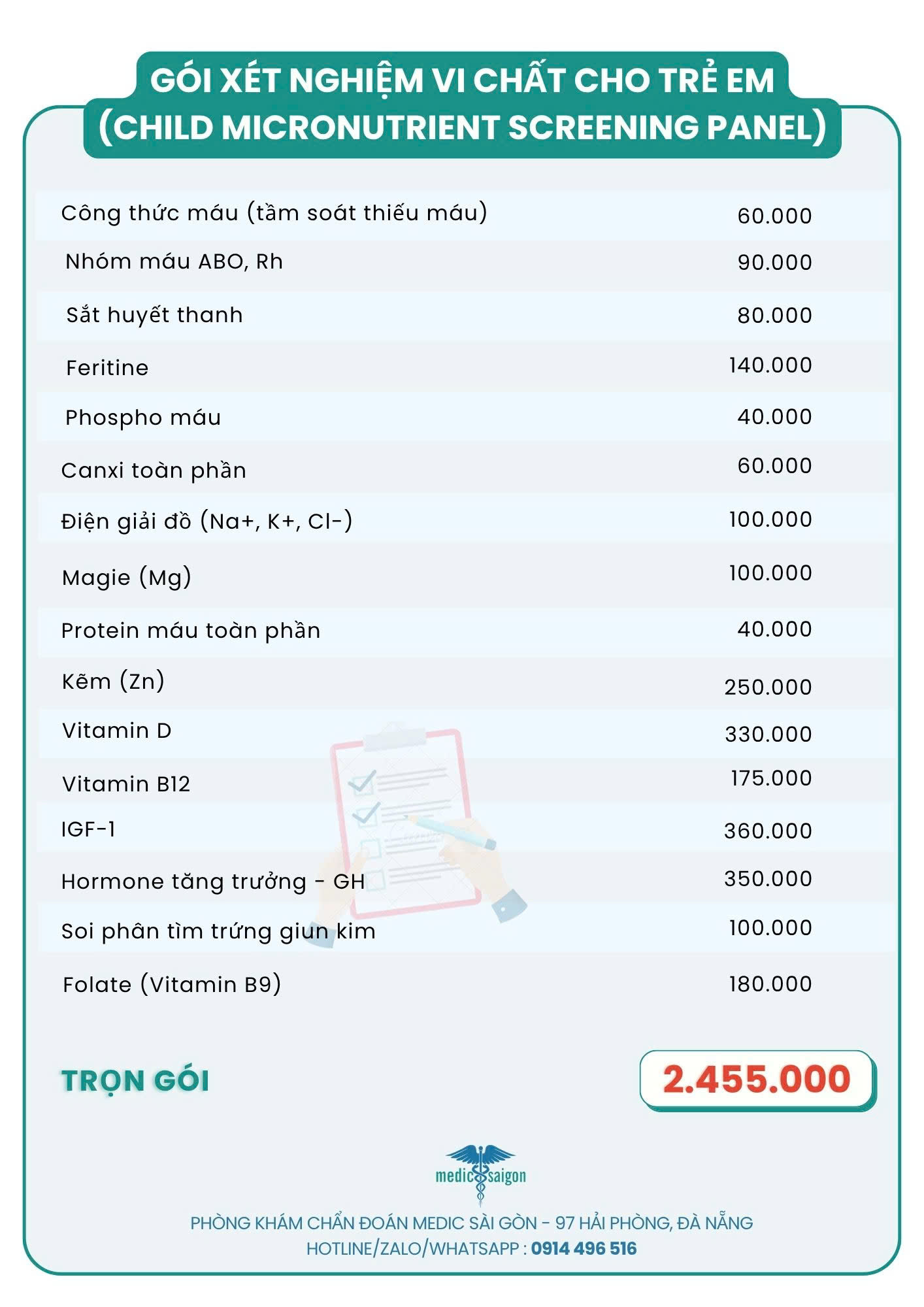 Bảng giá gói xét nghiệm vi chất cho trẻ em - 2026 - Medic Sài Gòn tại Đà Nẵng